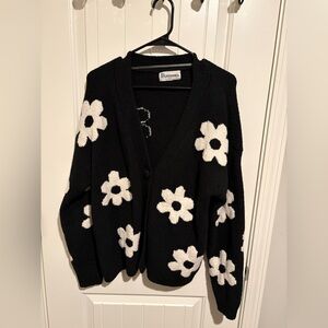 No Boundaries Black Cardigan with White Daisy Motif